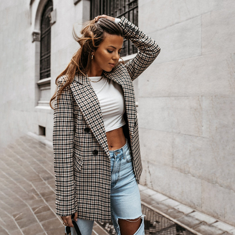 Women's Tailored Fit Checkered Cotton Blazer - Stylish & Comfortable Outerwear