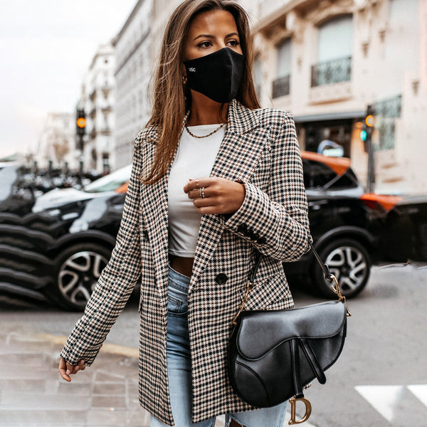 Women's Tailored Fit Checkered Cotton Blazer - Stylish & Comfortable Outerwear