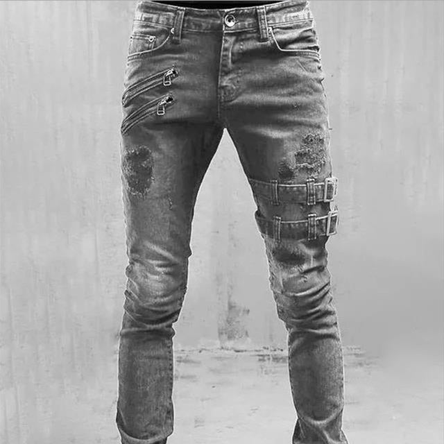 Men's Punk Skinny Ripped Biker Jeans with Buckle - Stylish Motorcycle Pants