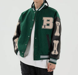 Stylish Women's Graphic Varsity Bomber Jacket - Unique Bone Sleeve Design