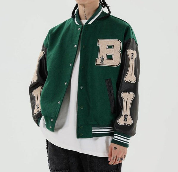 Stylish Women's Graphic Varsity Bomber Jacket - Unique Bone Sleeve Design