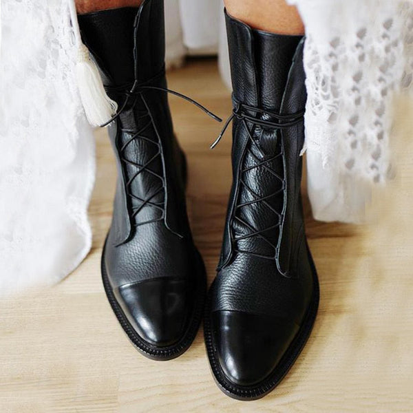 Elegant Women's Lace-Up Mid-Calf Boots with Low Heel - Stylish & Comfortable Footwear