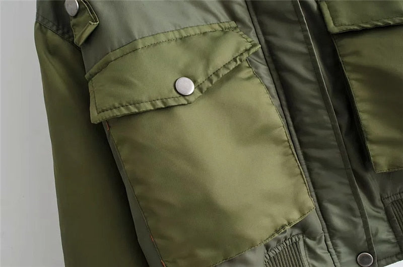 Women's Cropped Utility Bomber Jacket - Stylish with Patch Pockets & Zip Sleeves for Versatile Fashion