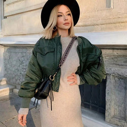 Women's Cropped Utility Bomber Jacket - Stylish with Patch Pockets & Zip Sleeves for Versatile Fashion