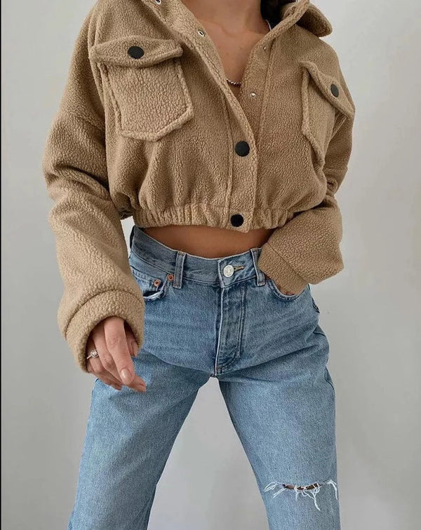 Women's Cropped Bomber Jacket - Stylish Button Front & Flap Pockets - Trendy Outerwear for Casual Chic Looks