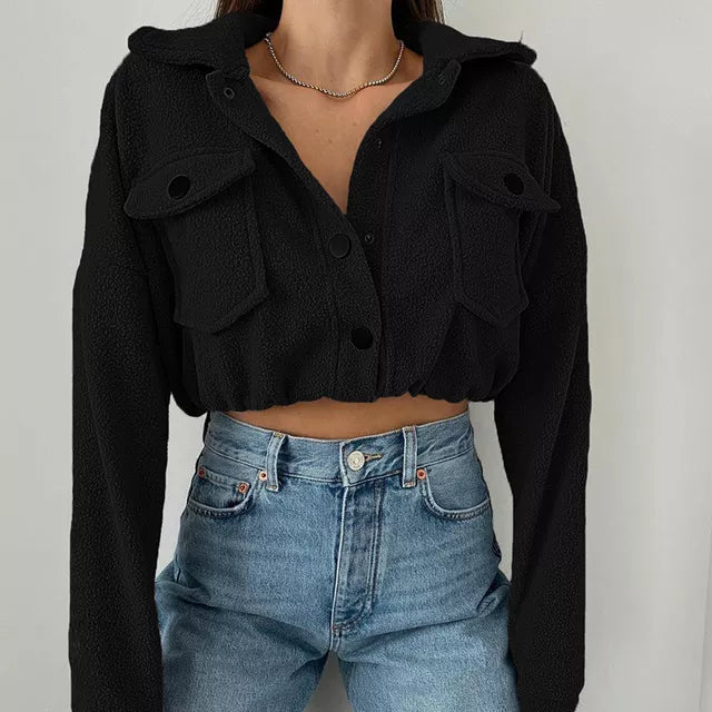 Women's Cropped Bomber Jacket - Stylish Button Front & Flap Pockets - Trendy Outerwear for Casual Chic Looks