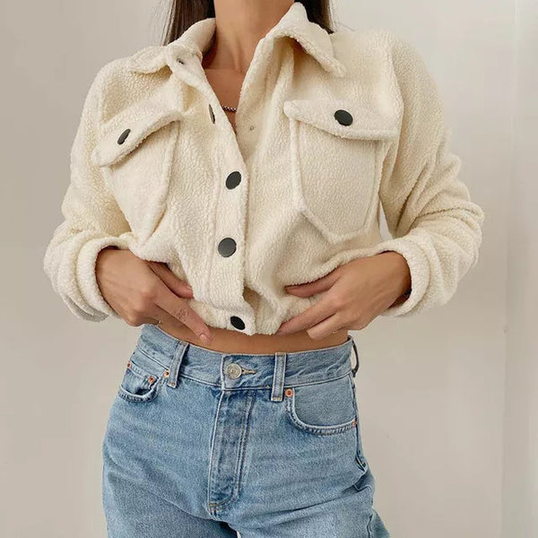 Women's Cropped Bomber Jacket - Stylish Button Front & Flap Pockets - Trendy Outerwear for Casual Chic Looks