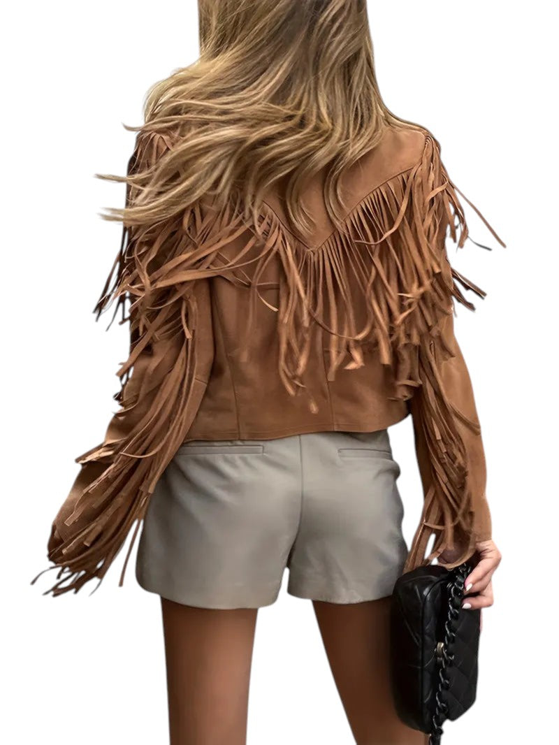 Stylish Women's Suede Fringed Jacket - Boho Chic Outerwear for Fall & Winter