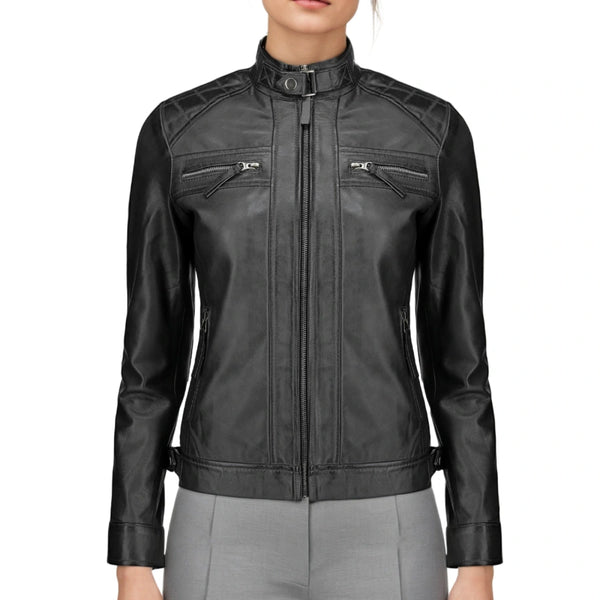 Hailey Women's Quilted Black Leather Biker Jacket - Stylish & Durable Motorcycle Outerwear