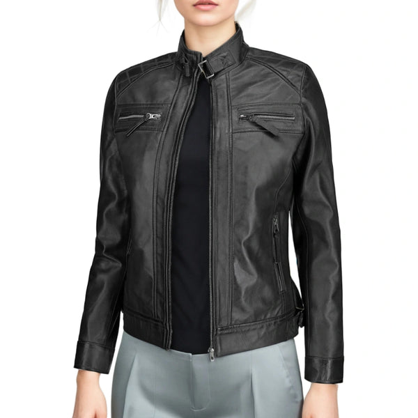 Hailey Women's Quilted Black Leather Biker Jacket - Stylish & Durable Motorcycle Outerwear