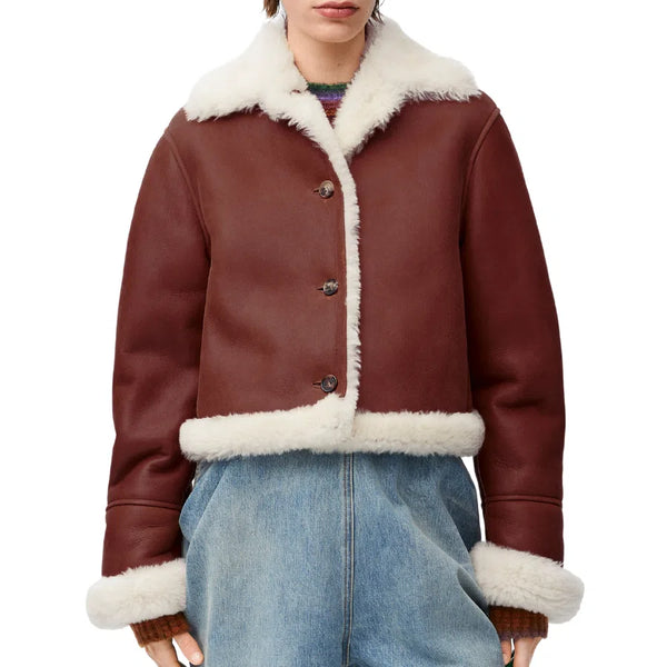 Hannah Women's White Shearling Maroon Leather Jacket - Stylish & Cozy Outerwear