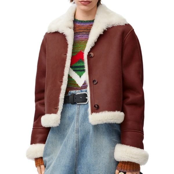 Hannah Women's White Shearling Maroon Leather Jacket - Stylish & Cozy Outerwear