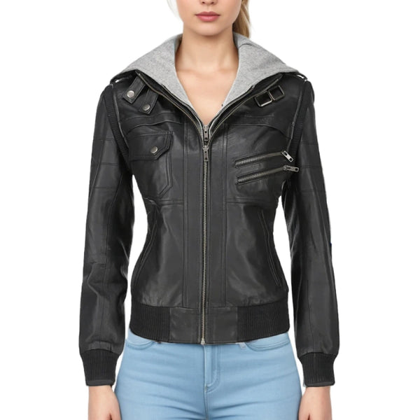 Women's Hazel Hooded Leather Biker Jacket - Stylish & Durable Motorcycle Outerwear