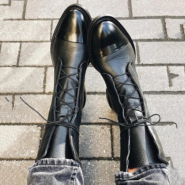 Elegant Women's Lace-Up Mid-Calf Boots with Low Heel - Stylish & Comfortable Footwear