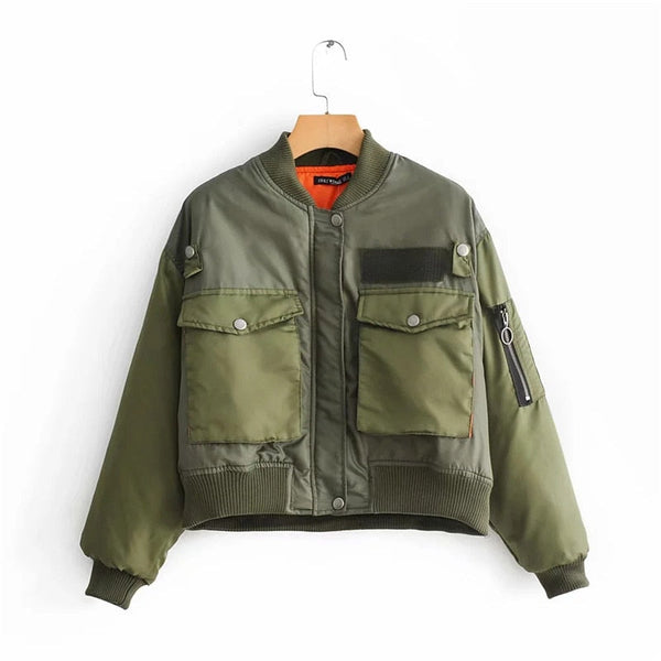 Women's Cropped Utility Bomber Jacket - Stylish with Patch Pockets & Zip Sleeves for Versatile Fashion