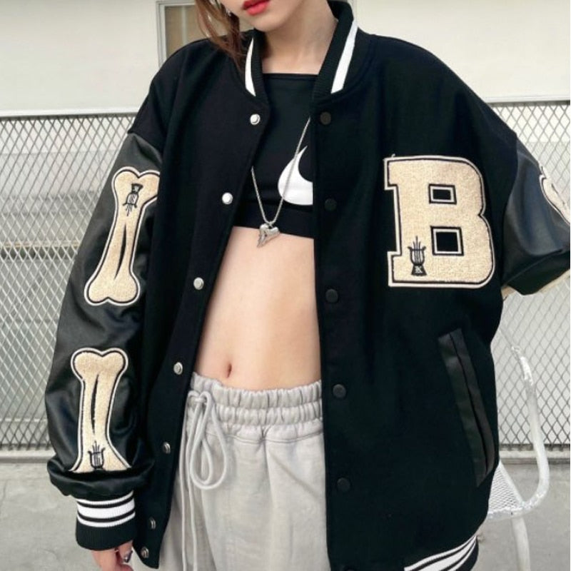 Stylish Women's Graphic Varsity Bomber Jacket - Unique Bone Sleeve Design