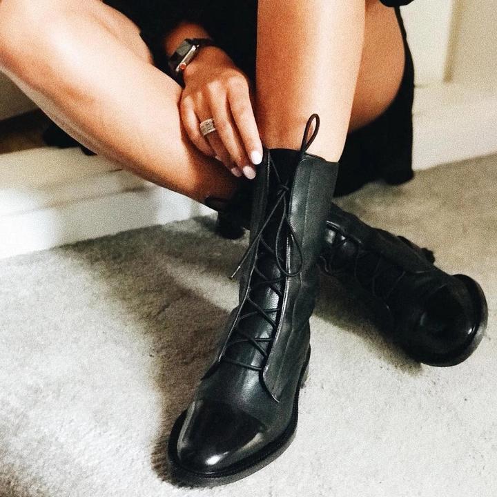 Elegant Women's Lace-Up Mid-Calf Boots with Low Heel - Stylish & Comfortable Footwear