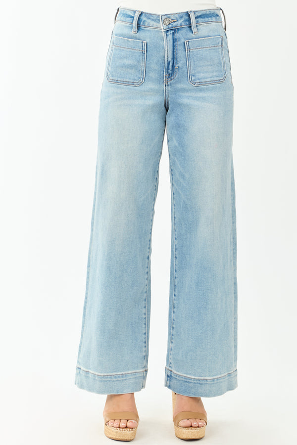 Women's Hidden Light Wash Wide Leg Jeans with Patch Pockets - Stretchy & Comfortable Fit