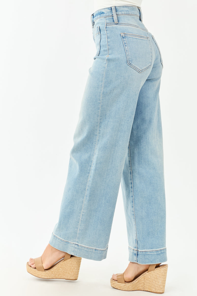 Women's Hidden Light Wash Wide Leg Jeans with Patch Pockets - Stretchy & Comfortable Fit