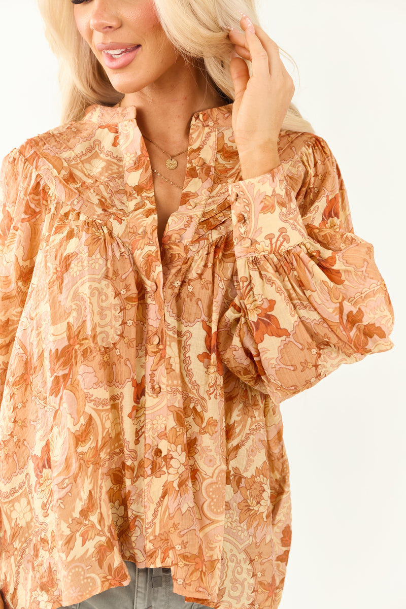 Honeysuckle Paisley Floral Pleated Button-Up Top for Women - Stylish & Comfortable Blouse