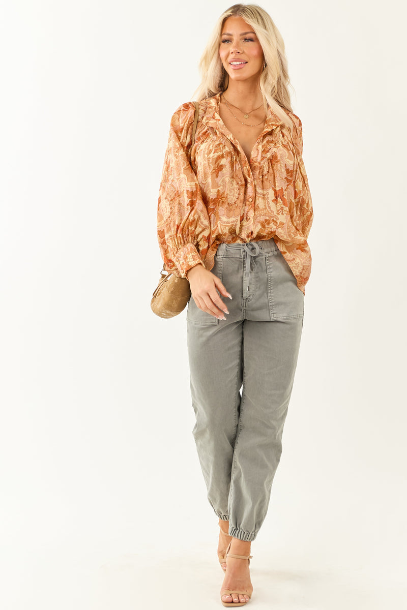 Honeysuckle Paisley Floral Pleated Button-Up Top for Women - Stylish & Comfortable Blouse