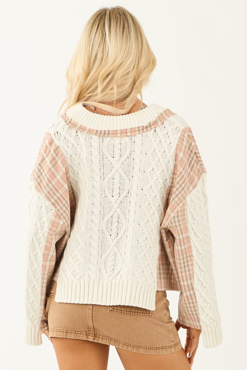 Ivory Cable Knit Cardigan with Plaid Contrast & Button-Up Closure - Cozy Women's Sweater