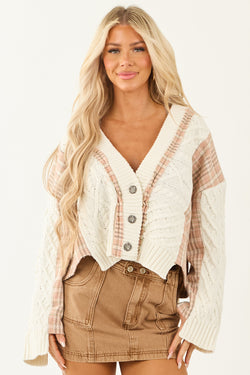 Ivory Cable Knit Cardigan with Plaid Contrast & Button-Up Closure - Cozy Women's Sweater