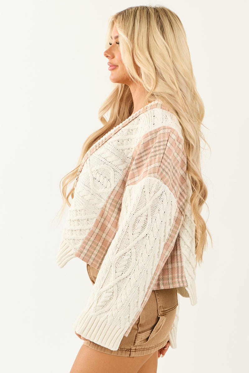 Ivory Cable Knit Cardigan with Plaid Contrast & Button-Up Closure - Cozy Women's Sweater