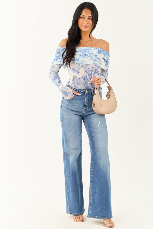 Elegant Ivory Floral Print Off-Shoulder Bodysuit for Women - Stylish Summer Fashion Top