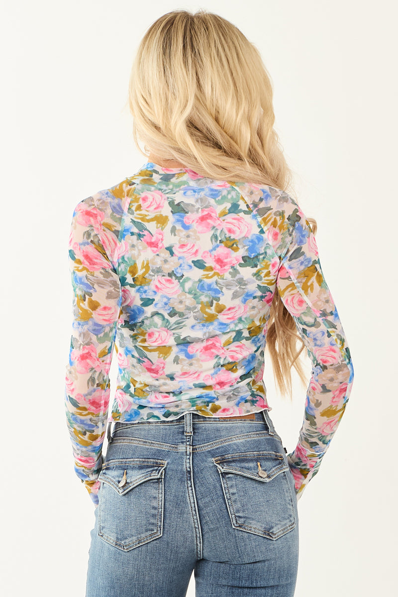 Ivory Floral Print Long Sleeve Mock Neck Top for Women - Elegant & Stylish Blouse