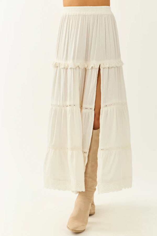 Ivory Swiss Dot Tiered Maxi Skirt with Front Slit