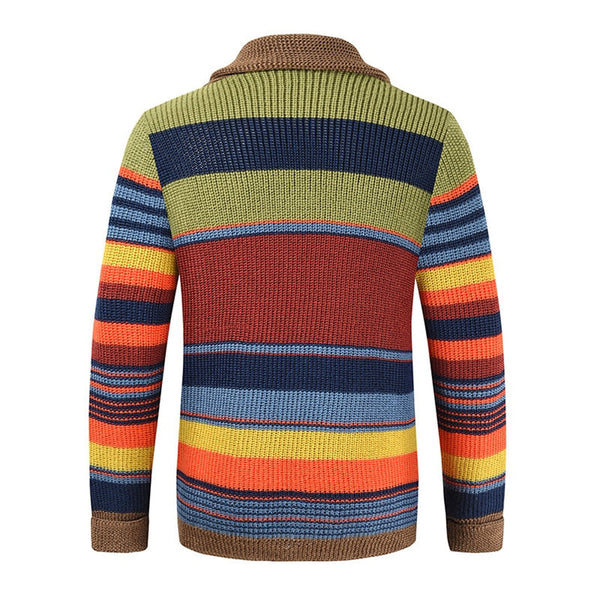 Men's Retro Striped Knit Cardigan - Shawl Collar, Button Front, Cozy Vintage Style
