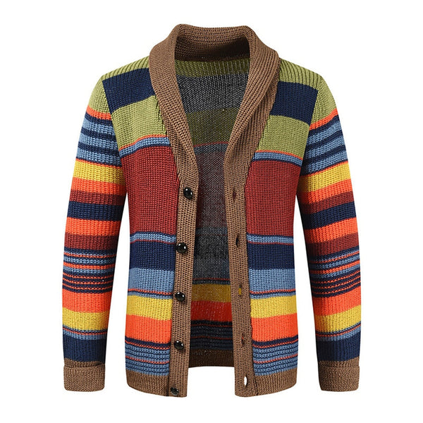 Men's Retro Striped Knit Cardigan - Shawl Collar, Button Front, Cozy Vintage Style