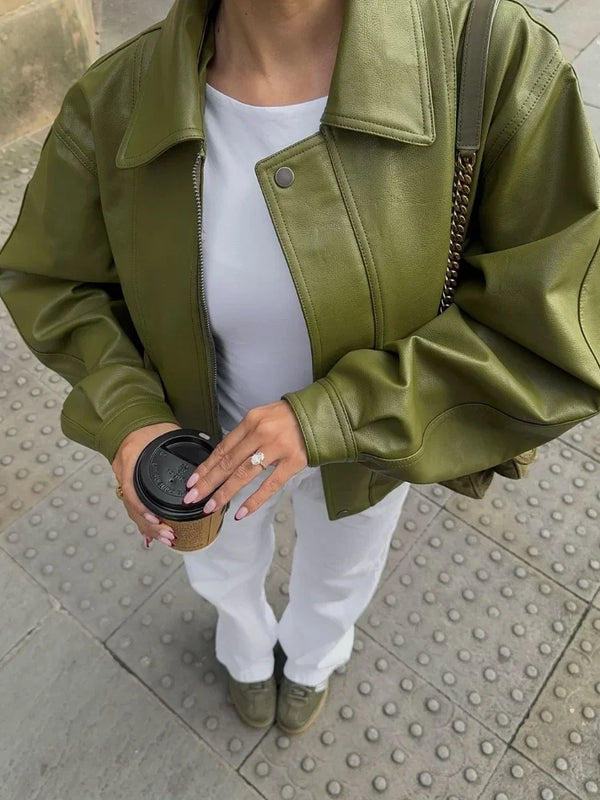Women's Oversized Zip Front Jacket with Flap Pockets - Stylish & Comfortable Outerwear