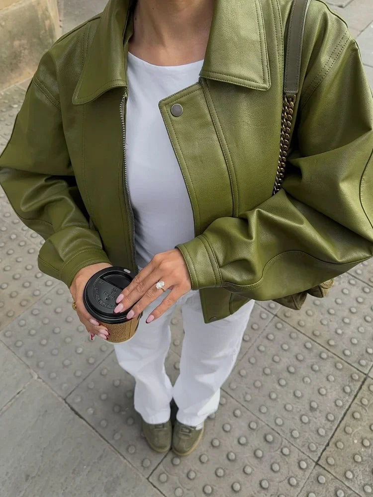 Women's Oversized Zip Front Jacket with Flap Pockets - Stylish & Comfortable Outerwear