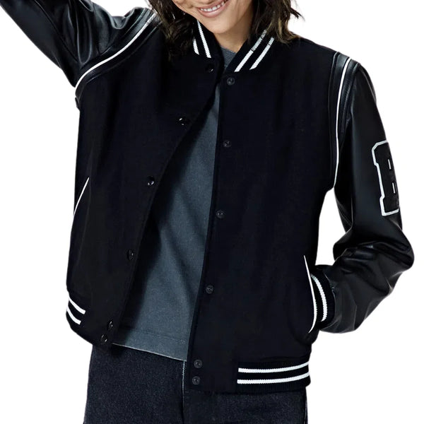 Julia Women's Black Leather Varsity Jacket - Stylish & Trendy Outerwear for Casual Chic Looks