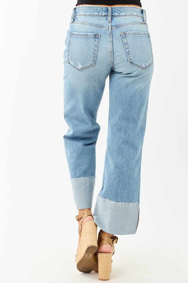 KanCan Women's Medium Wash Cuffed Cropped Stretchy Wide Leg Jeans - Comfortable & Stylish Fit