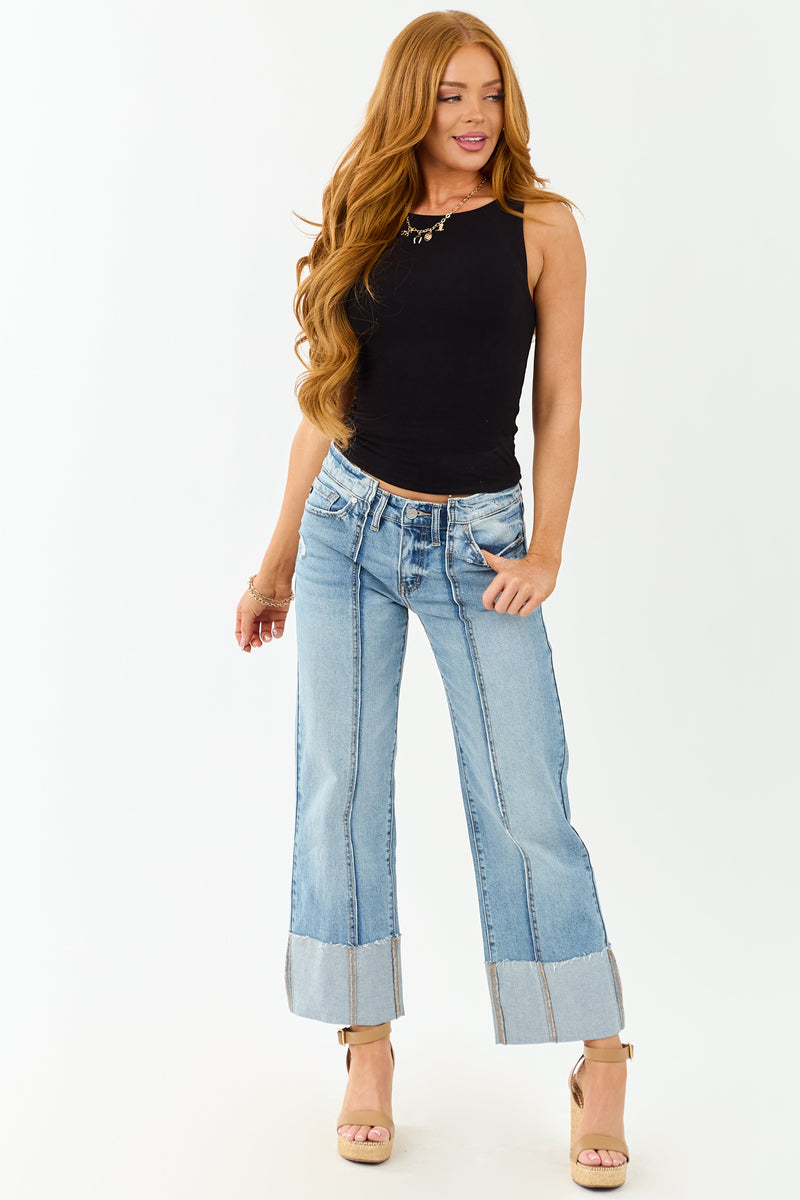 KanCan Women's Medium Wash Cuffed Cropped Stretchy Wide Leg Jeans - Comfortable & Stylish Fit