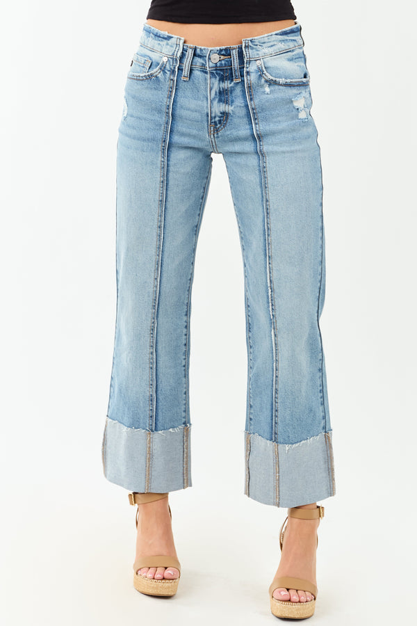 KanCan Women's Medium Wash Cuffed Cropped Stretchy Wide Leg Jeans - Comfortable & Stylish Fit