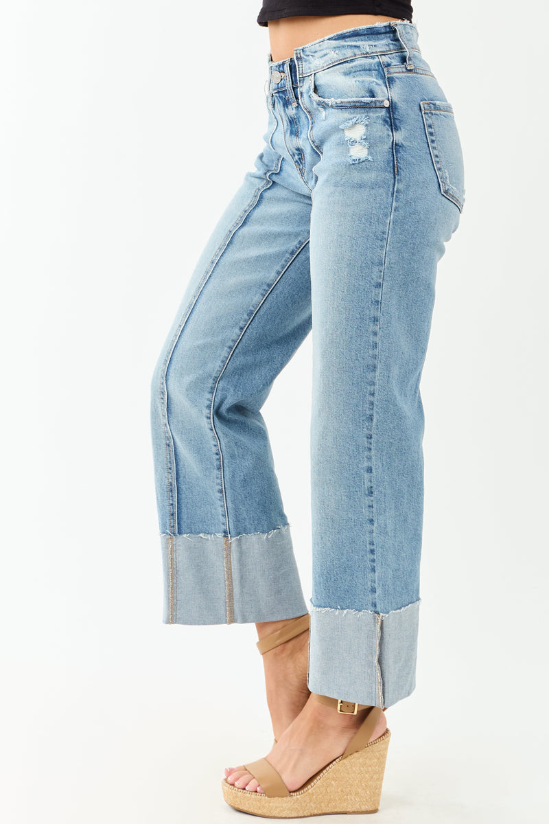 KanCan Women's Medium Wash Cuffed Cropped Stretchy Wide Leg Jeans - Comfortable & Stylish Fit