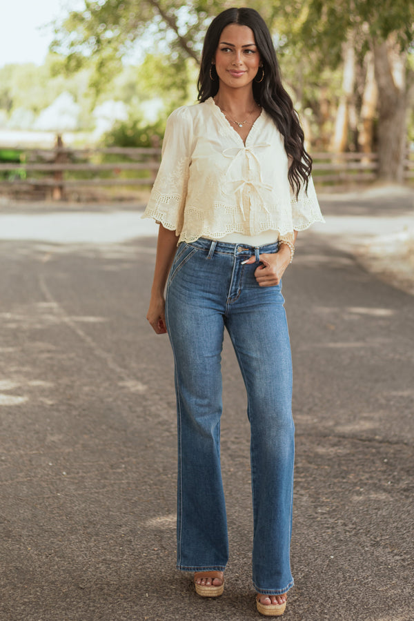 KanCan Medium Wash Ultra High Rise Flare Jeans for Women - Trendy Vintage Style Denim