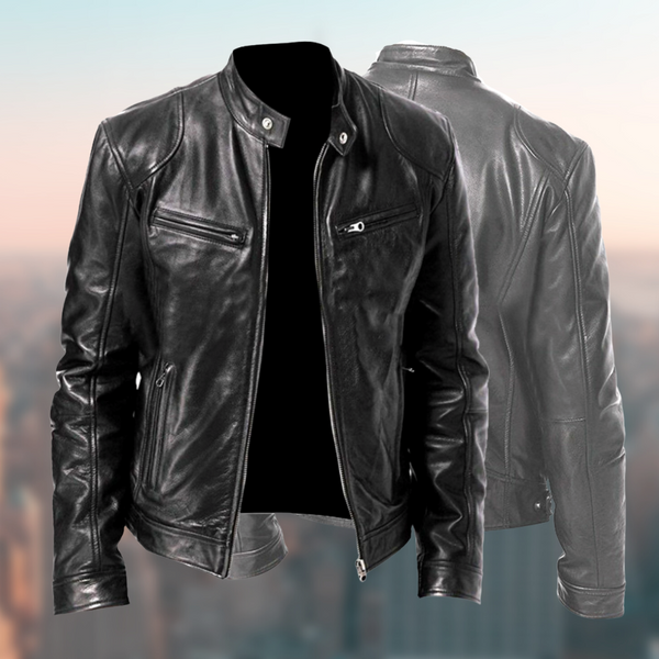 Men's Premium Sleek Leather Jacket - Zip Closure & Stand Collar - Stylish & Durable