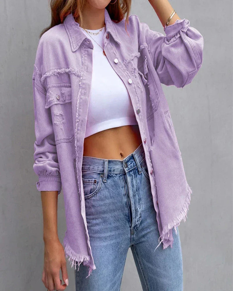 Clara Women's Distressed Tattered Denim Jacket - Trendy Casual Outerwear for Everyday Style