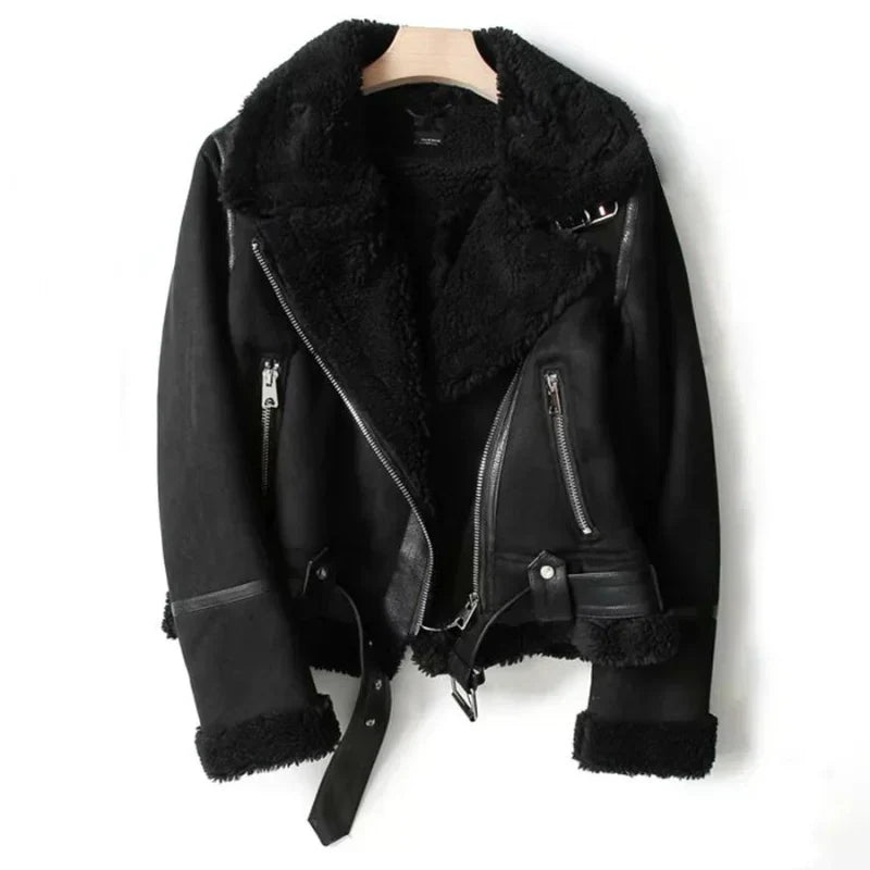 Stylish Women's Leather Jacket with Belted Hem & Zipper Closure - Perfect for All Seasons