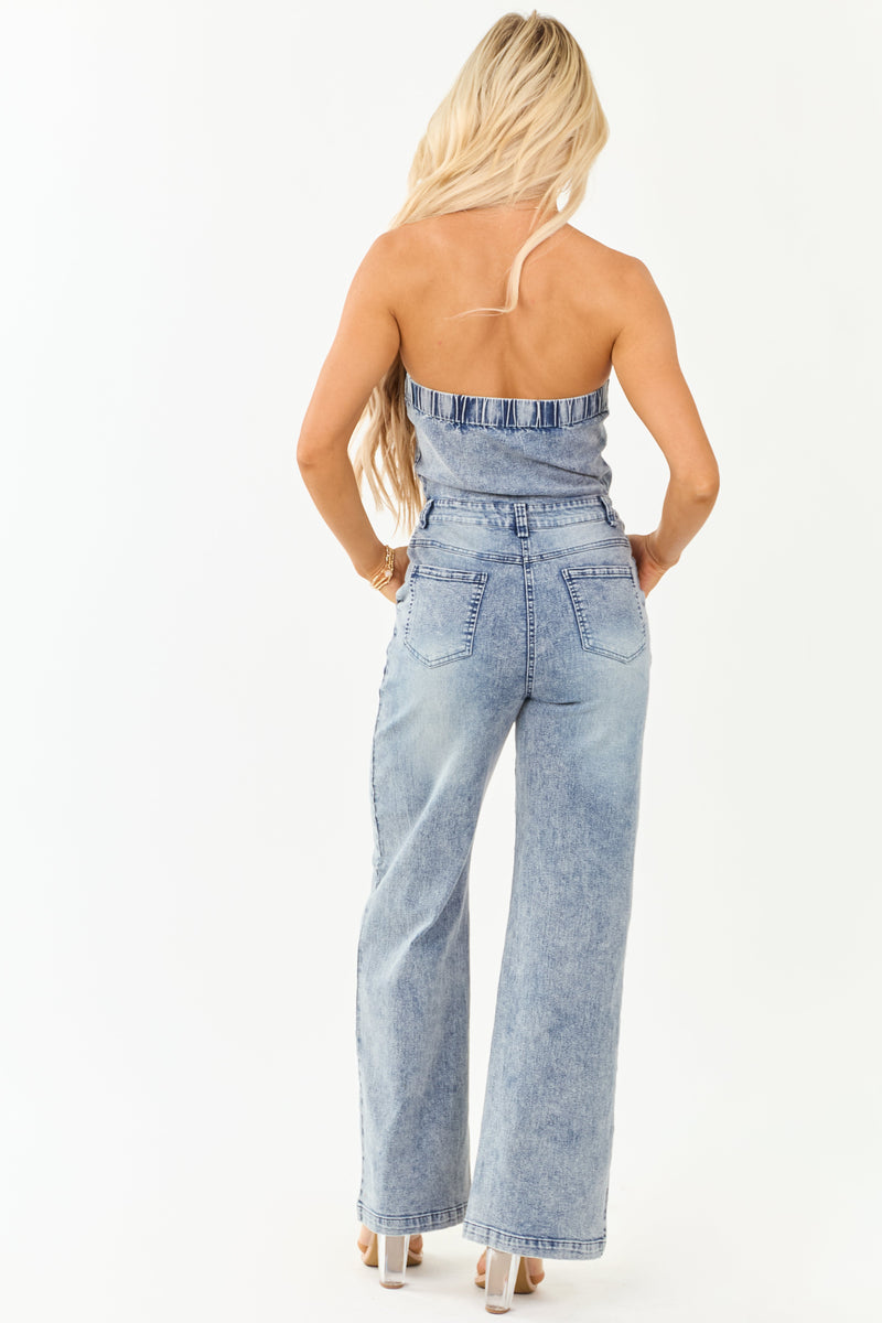 Stylish Medium Wash Denim Strapless Wide Leg Jumpsuit for Women - Trendy Casual Outfit