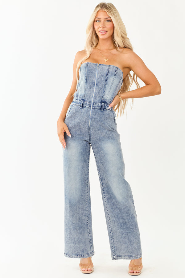 Stylish Medium Wash Denim Strapless Wide Leg Jumpsuit for Women - Trendy Casual Outfit