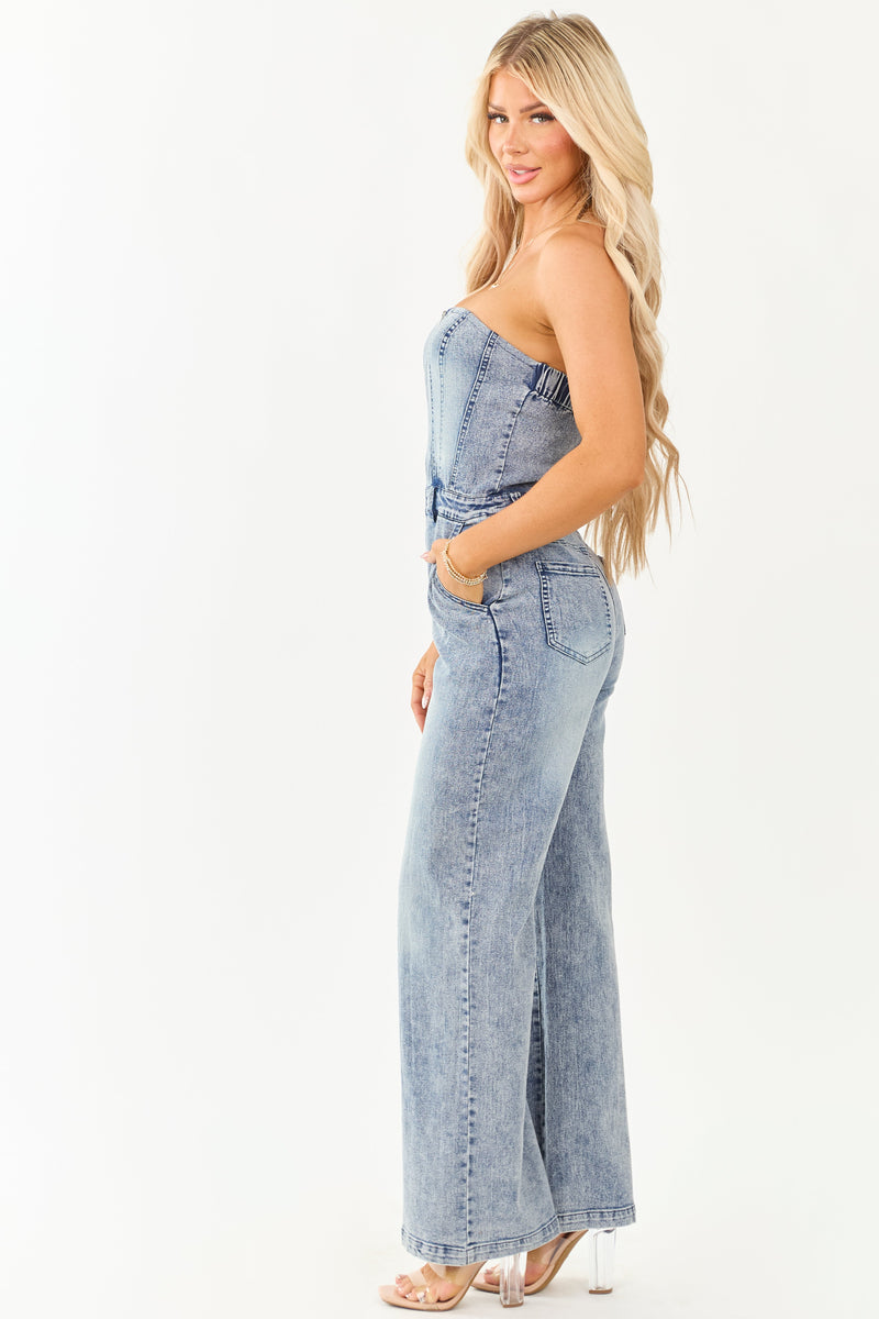 Stylish Medium Wash Denim Strapless Wide Leg Jumpsuit for Women - Trendy Casual Outfit
