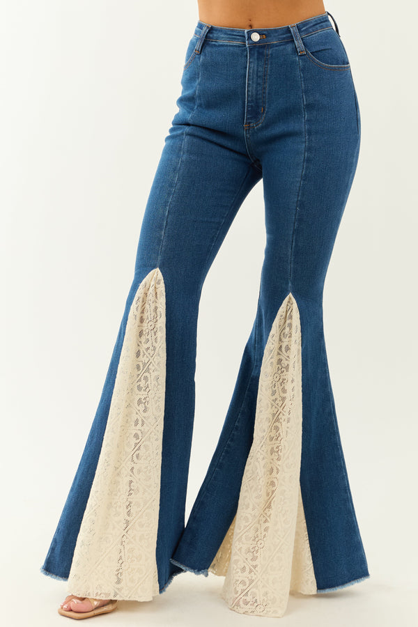 Women's Medium Wash Super Flare Stretch Jeans with Lace Hem - Comfortable & Stylish Denim