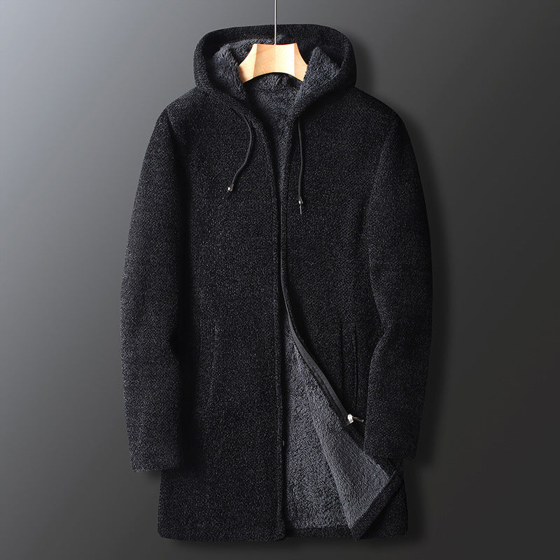 Men's Zip-Up Long Hooded Fleece Jacket with Adjustable Drawstring Hood - Warm & Stylish Outerwear