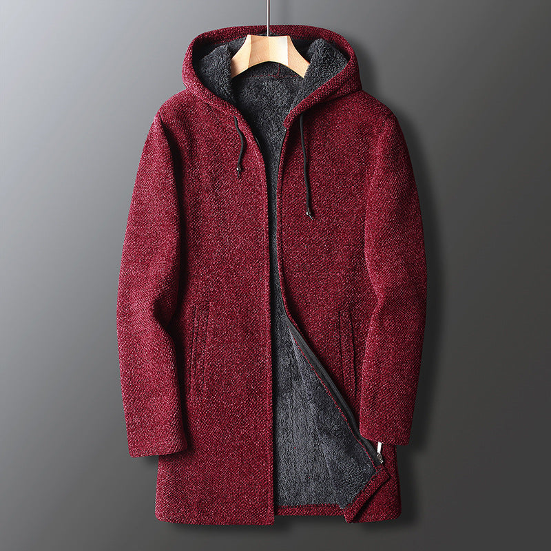 Men's Zip-Up Long Hooded Fleece Jacket with Adjustable Drawstring Hood - Warm & Stylish Outerwear